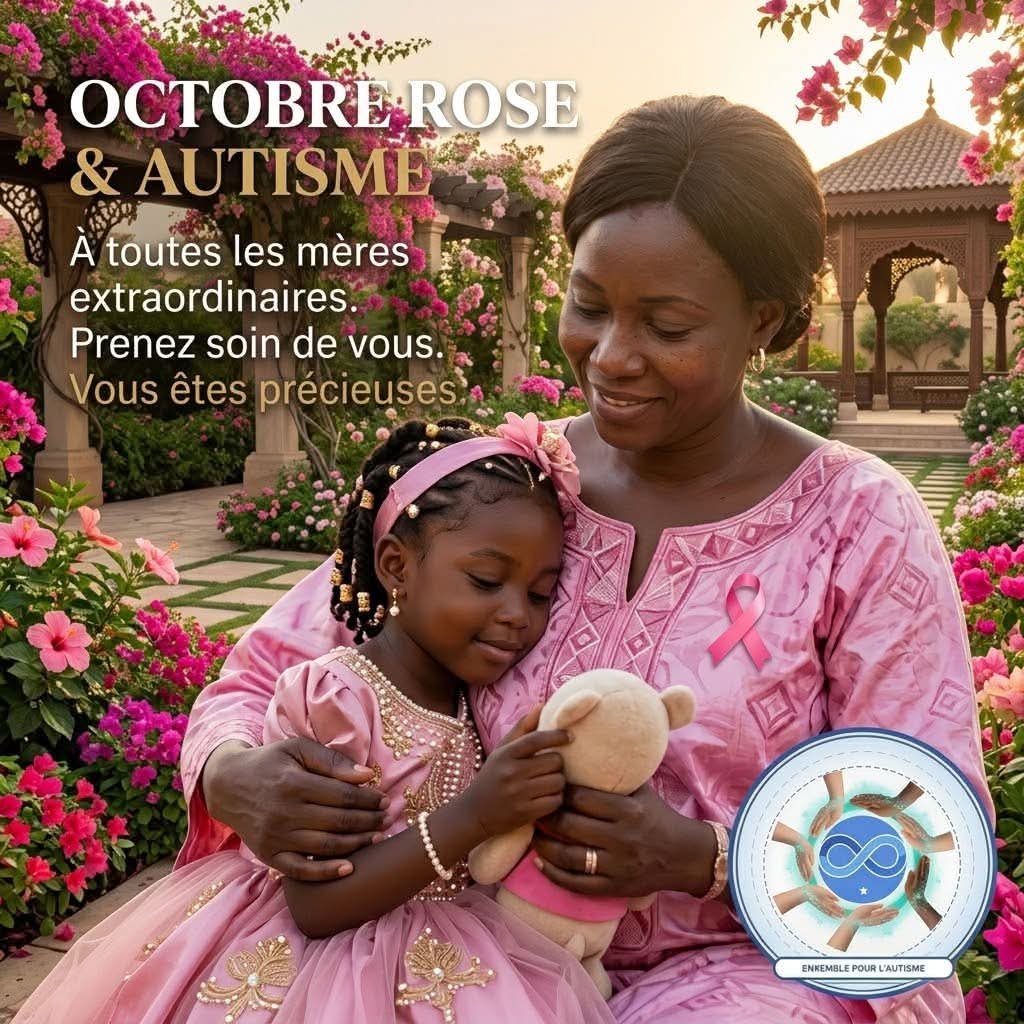 Affiche Octobre Rose & Autisme : une mère serre tendrement sa fille dans ses bras