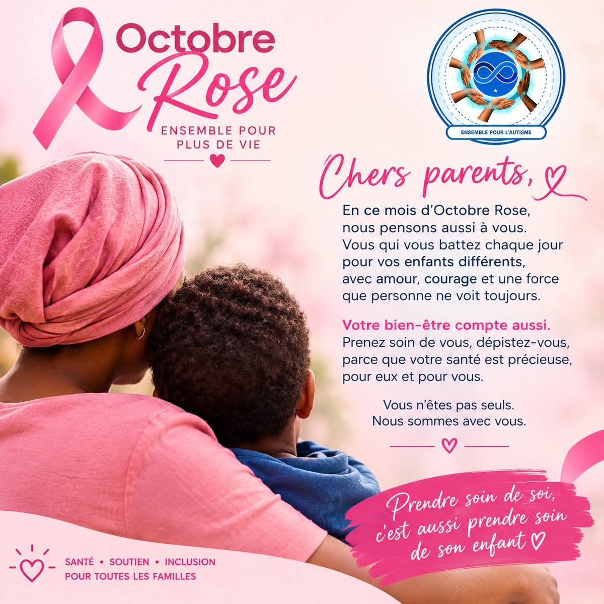 Affiche Octobre Rose adressée aux parents : une mère enlace son enfant